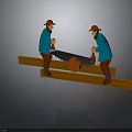 Two People In Blue Clothing With Hats Sawing Wooden Plank On Supports