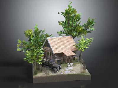 Log Cabin Model Scene With Green Trees Vintage Car Fence and Stone Path 3d model