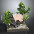 Log Cabin Model Scene With Green Trees Vintage Car Fence and Stone Path