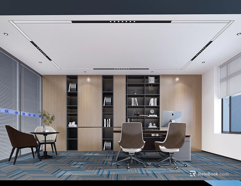 Modern Open Office Interior Design With Bookshelves Desk Chairs Blue Carpet And Windows Blinds 3d model 