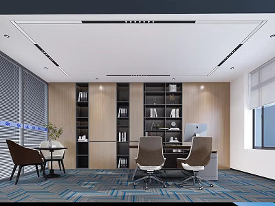 Modern Open Office Interior Design With Bookshelves Desk Chairs Blue Carpet And Windows Blinds 3d model