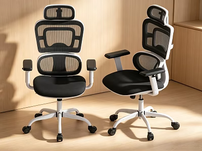 Two Modern Office Chairs With Mesh Back Black Seat White Frame Adjustable Headrest Armrests 3d model