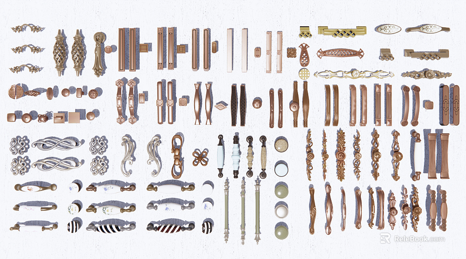 Various Decorative And Functional Furniture Handles In Different Materials And Designs 3d model 