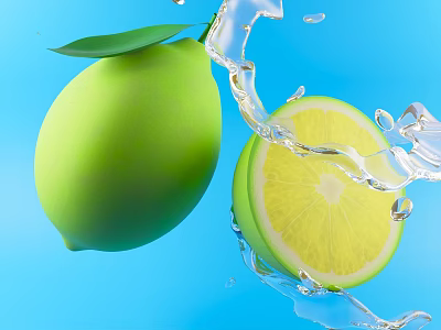 Whole and Half Sliced Green Lemon with Water Splash on Blue Background 3d model