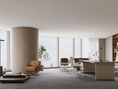 Modern Office Interior With Large Windows Decorative Column Brown Sofa Desk Chairs And Green Plant 3d model