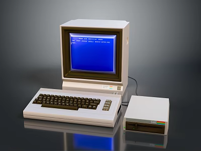 Vintage Retro Computer System with Monitor Blue Screen Keyboard External Drive and White Text 3d model