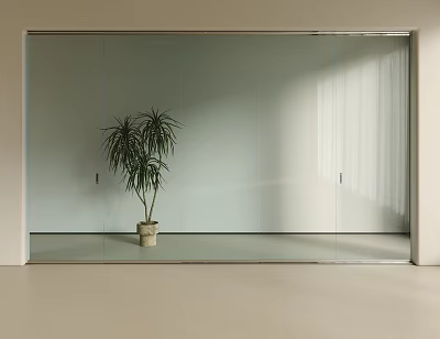 Modern White Glass Double Doors in Minimalist Interior Space with Potted Plant Decoration 3d model