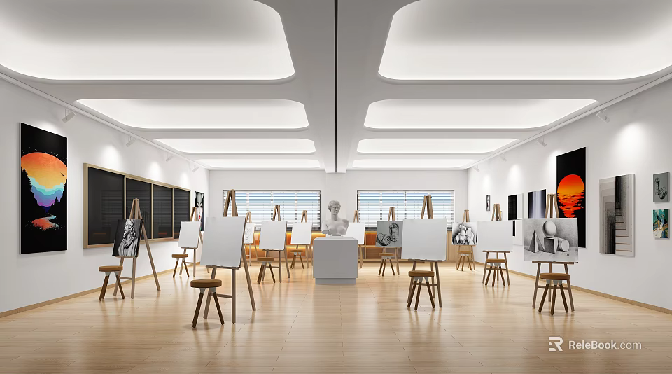 Art Classroom With Easels Drawing Boards Sculpture Models And Wall Artworks 3d model 