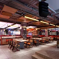 Modern Hotpot Restaurant Interior With Wooden Partitions Dining Tables And Lighting Design
