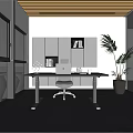 Modern Office Interior With Large Windows Wooden Ceiling Gray Cabinets Office Desk And Potted Plant