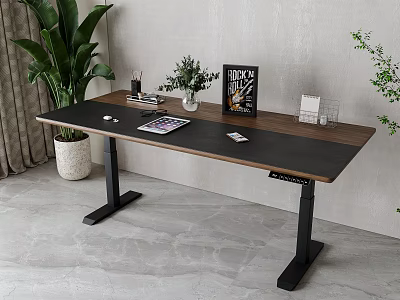 Modern Office Desk With Black Wooden Tabletop Metal Legs Notebook And Green Plants 3d model