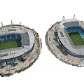 Modern Football Stadium With Unique Roof Structure Green Pitch And Supporting Towers