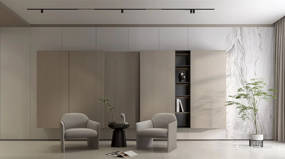 Casual Sofa Set With Two Gray Chairs And Small Round Table In Modern Living Room 3d model 