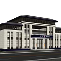 Modern Office Building Exterior With Stone Facade Blue Signage And Parking Area