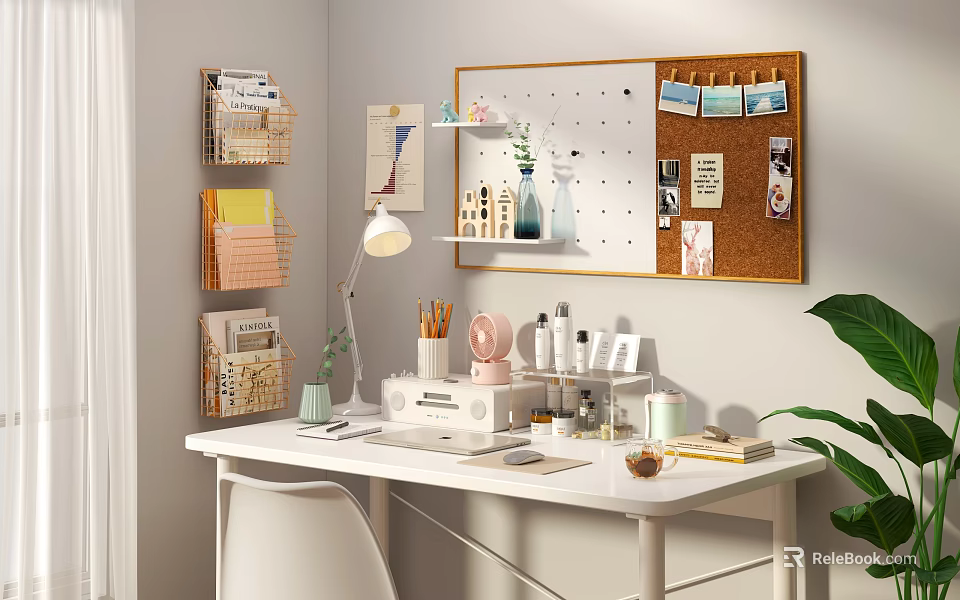 Organized Office Desk Setup With Lamp Stationery Printer Skincare Photo Frame Corkboard Notes And Plant 3d model 