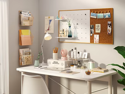 Organized Office Desk Setup With Lamp Stationery Printer Skincare Photo Frame Corkboard Notes And Plant 3d model