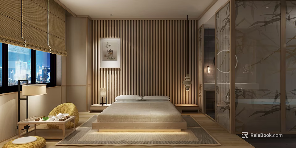 Modern Hotel Guest Room With Wooden Paneled Walls Large Bed And Soft Lighting 3d model 