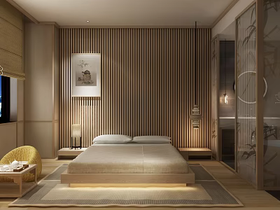 Modern Hotel Guest Room With Wooden Paneled Walls Large Bed And Soft Lighting 3d model