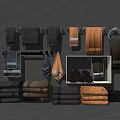 Elegant Gray And Brown Towels Folded Hanging And Rolled On Bathroom Storage Rack