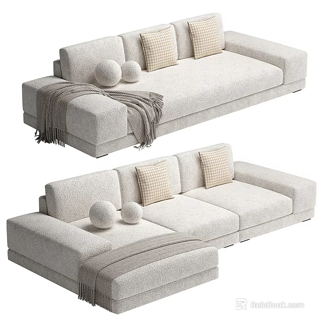 Cozy Beige Sectional Sofa With Plaid Pillows And Soft Knit Throw Blanket 3d model 