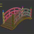 Red Arch Bridge With Wooden Deck Red Railings And Black Finials