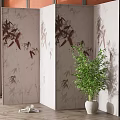 Three Panel Light Colored Room Divider With Bamboo Leaf Pattern And Green Plant 3d model