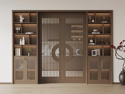 Traditional Chinese Interior Design With Wooden Shelves Screen Door Circular Pattern And Decorative Vase 3d model