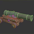 Vintage Metal Cannon with Wooden Carriage and Iron Wheels as Historical Weapon Piece