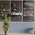 Stylish Wall Decor with Perforated Panels Chalkboard Menu Corkboard and Decorative Plants