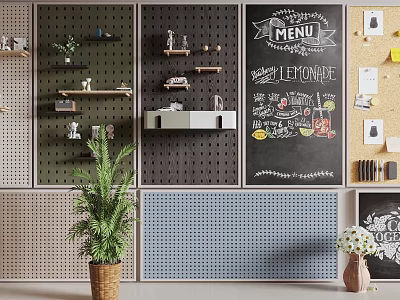 Stylish Wall Decor with Perforated Panels Chalkboard Menu Corkboard and Decorative Plants 3d model