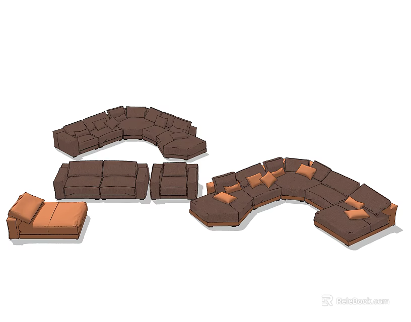 Modular Sectional Sofa Set With Brown Upholstery And Orange Accent Pillows 3d model