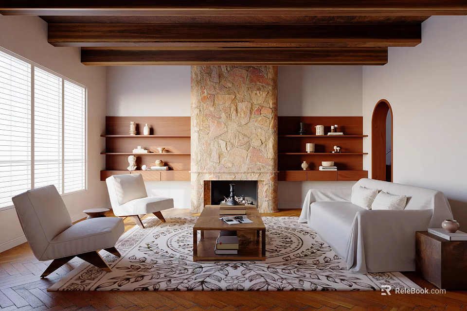 Cozy Living Room Interior With Wooden Beams Stone Fireplace Shelves And White Furniture 3d model 