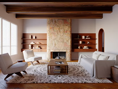 Cozy Living Room Interior With Wooden Beams Stone Fireplace Shelves And White Furniture 3d model