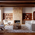 Cozy Living Room Interior With Wooden Beams Stone Fireplace Shelves And White Furniture