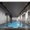 Modern Indoor Swimming Pool Interior With Gray Walls Wooden Ceiling Lounge Chairs And Natural Light
