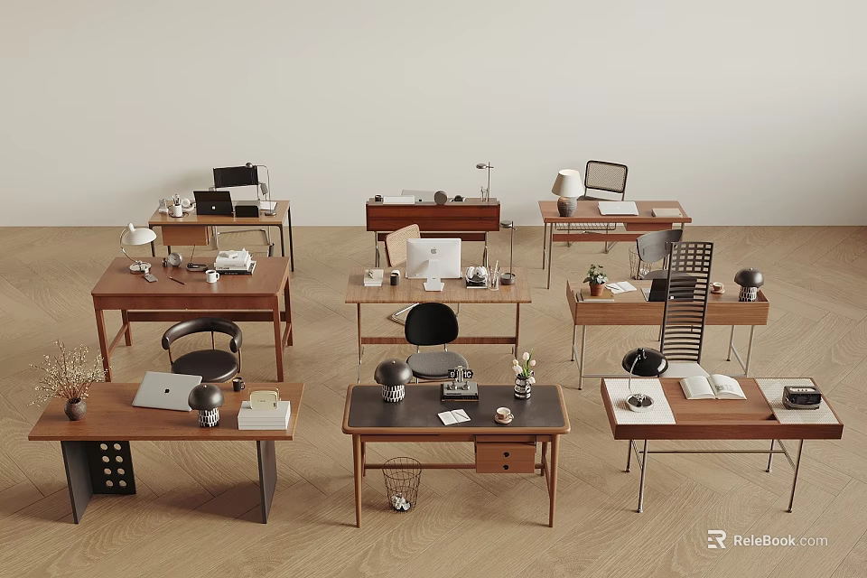 Different Design Desks For Home Office With Laptops Lamps Books And Decorative Items 3d model 