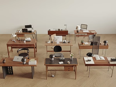 Different Design Desks For Home Office With Laptops Lamps Books And Decorative Items 3d model