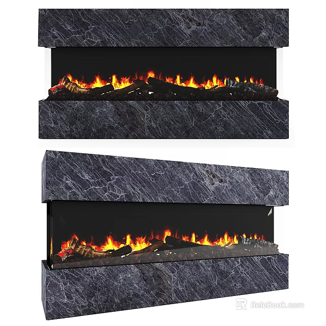 Modern Marble Fireplace With Burning Flames And Elegant Interior Design 3d model 