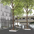 Modern Green Park Building With Glass Facade Plaza Pedestrians And Trees