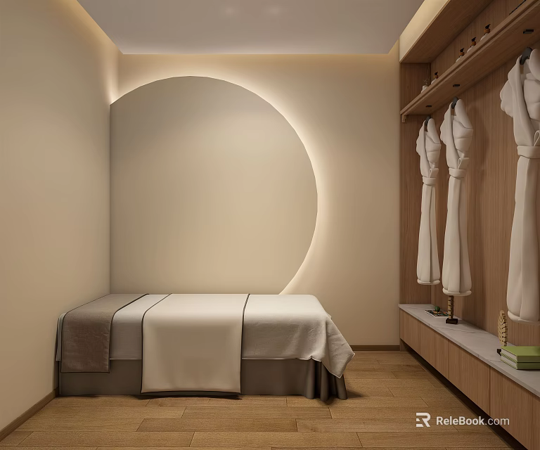 Serene SPA Sauna Room Featuring Massage Bed White Robes Wooden Hooks and Soft Circular Lighting 3d model 
