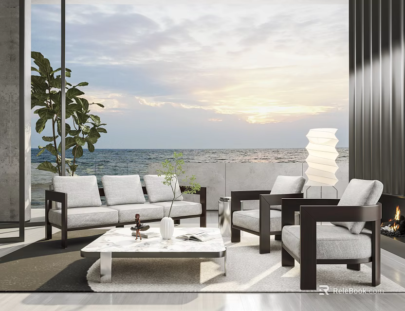 Modern Sofa Coffee Table Set In Living Room With Sea View Sunset And Green Plant 3d model 