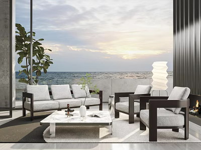 Modern Sofa Coffee Table Set In Living Room With Sea View Sunset And Green Plant 3d model