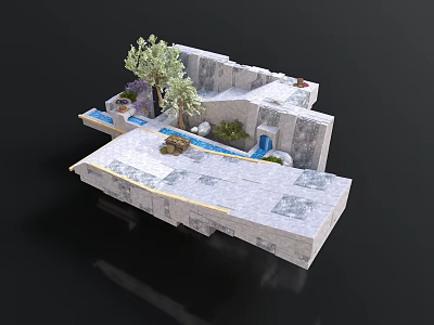 Outdoor Courtyard Structure With Stone Floor Water Channel Olive Trees And Green Plants 3d model