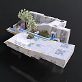 Outdoor Courtyard Structure With Stone Floor Water Channel Olive Trees And Green Plants