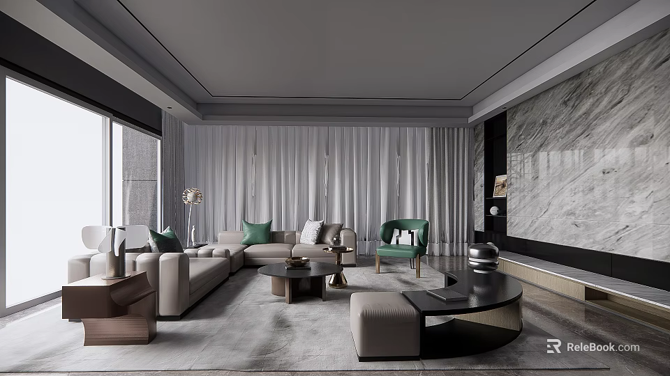 Elegant Modern Living Room Interior With Gray Sofa Green Cushions And Marble Accent Wall 3d model 