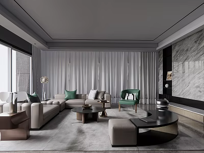 Elegant Modern Living Room Interior With Gray Sofa Green Cushions And Marble Accent Wall 3d model