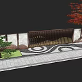 Wooden Lattice Landscape Wall With Wavy Pavement Red Maple Tree And Green Plants