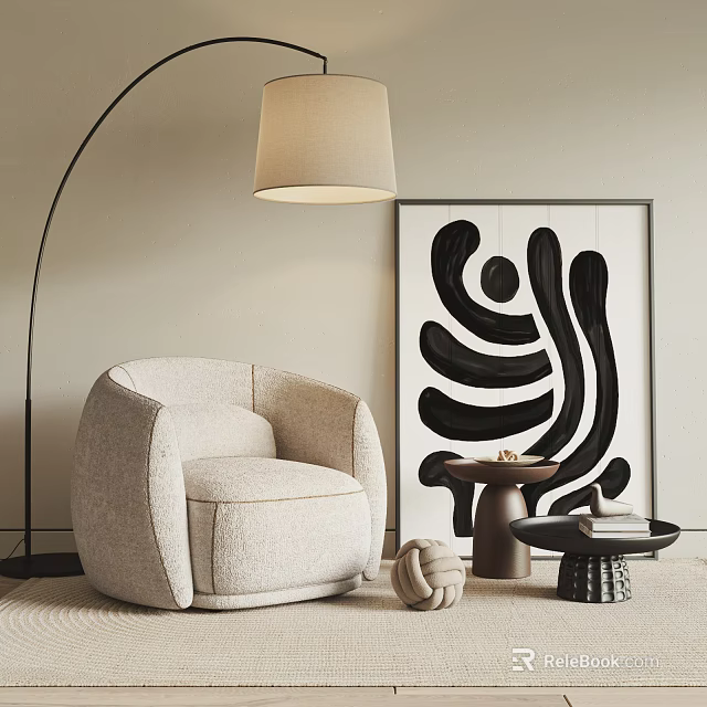 Cozy Beige Single Sofa Interior With Floor Lamp Abstract Painting And Side Table Decor 3d model 
