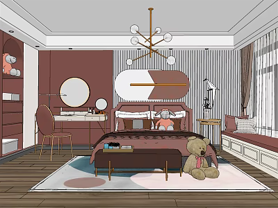 Cozy Kids Room Interior Design With Bed Teddy Bear Dressing Table Rug And Chandelier 3d model