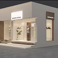 Modern Fashion Clothing Store Front with Glass Windows Mannequins Green Plants and Display Racks